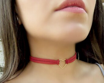 Heart Choker, Valentine's Day Necklace, Red Double Layers Choker, Suede Cord Choker, Double Layering Choker, Choker Necklace, For Her, Gold