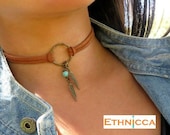 Choker Necklace, Suede Choker Necklace, Bohemian Feather Necklace, Native American Jewelry, Ring Choker, Leather Choker, Boho Jewelry