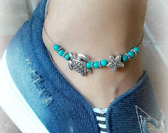 Beach Anklet, Ankle Bracelet, Turtle Anklet, Starfish Anklet, Turquoise Anklet, Nautical Anklet, Anklet, Ankle Jewelry, Boho Beach Jewelry