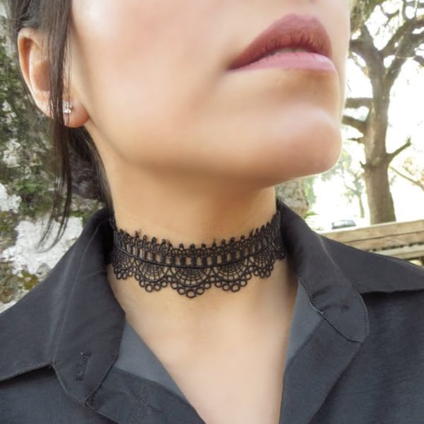 Schwarzer Spitzenchoker, Halsband Halskette, Gemusterter Spitze Choker, Boho Tattoo Choker, Breiter schwarzer Choker, Boho Spitze Choker, Modeschmuck