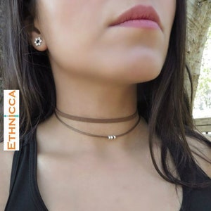 Double Wrap Choker, Brown Choker Necklace, Silver Bead Dainty Choker, Double layer Choker, Leather Choker,Delicate Double Layering Choker