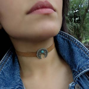 Brown Boho Choker, Choker Necklace, Suede Choker, Half Moon Choker, Crescent Moon Choker, Ethnic Suede Choker, Turquoise Jewelry, For Her