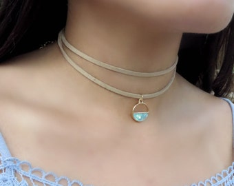 Opal Choker Necklace, Double Suede Choker, Gold Choker, Layers Choker, Choker Necklace, Dainty Choker Necklace, Minimalist Elegant Choker