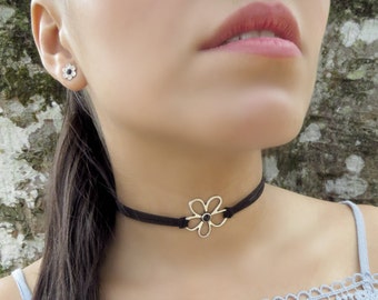 Thin Leather Choker, Flower Suede Choker, Black Choker Necklace, Minimalist Choker, Hippie Jewelry, Boho Choker,Dainty Women Choker, For Her