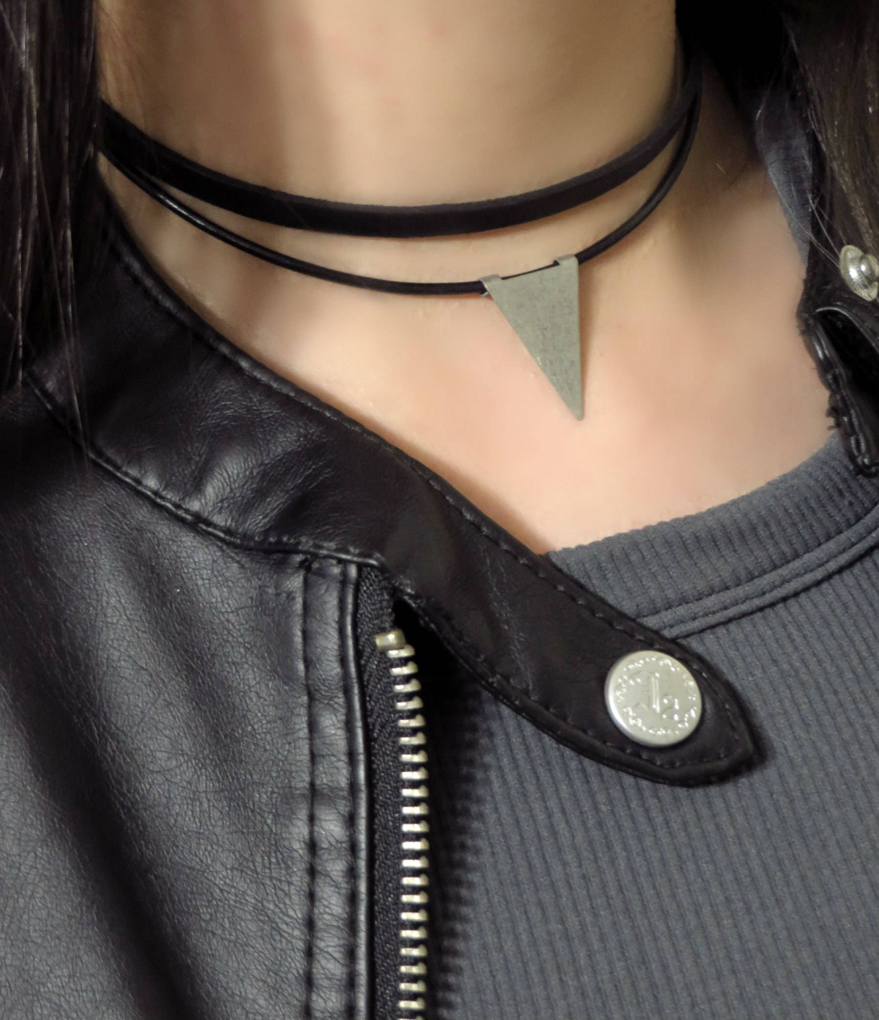 Double Wrap Choker, Black Choker, Leather Choker Necklace, Silver