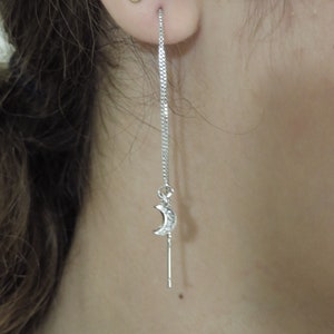 Moon And Star Ear Threader, Ear Thread, Dangling Star And Moon Earrings, Silver Star And Moon Earrings, Drop Chain Earrings, Dainty Earrings