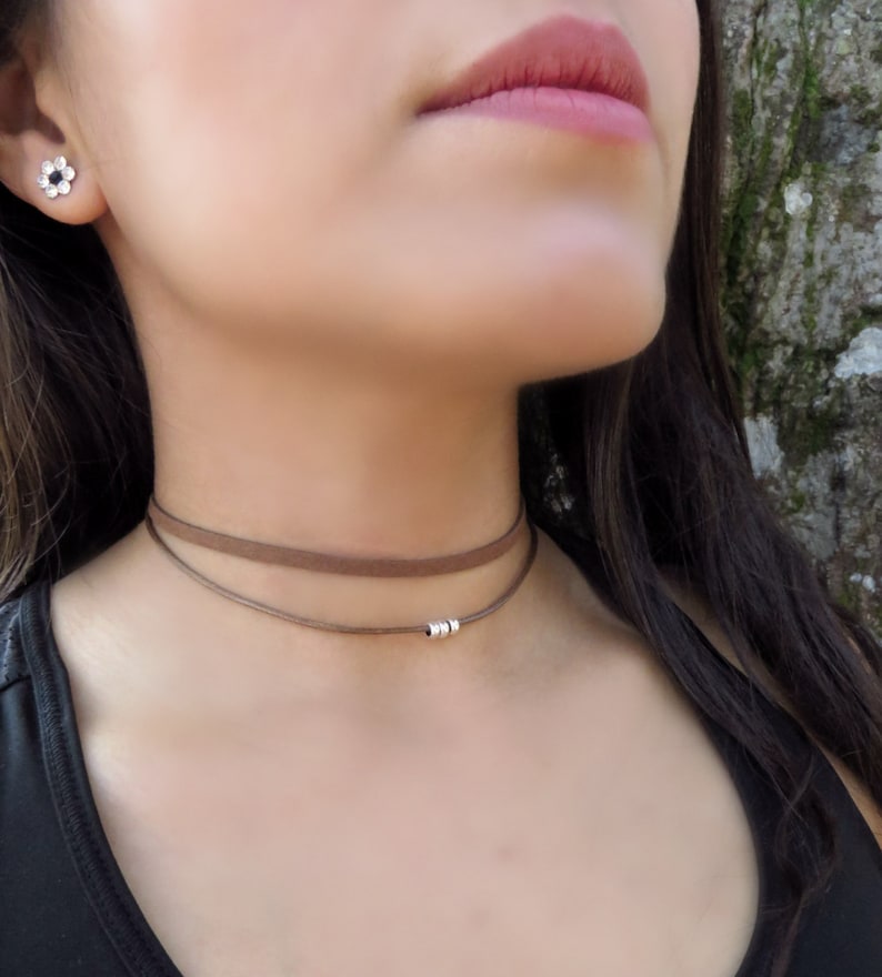 Double Wrap Choker, Brown Choker Necklace, Silver Bead Dainty Choker, Double layer Choker, Leather Choker,Delicate Double Layering Choker image 2