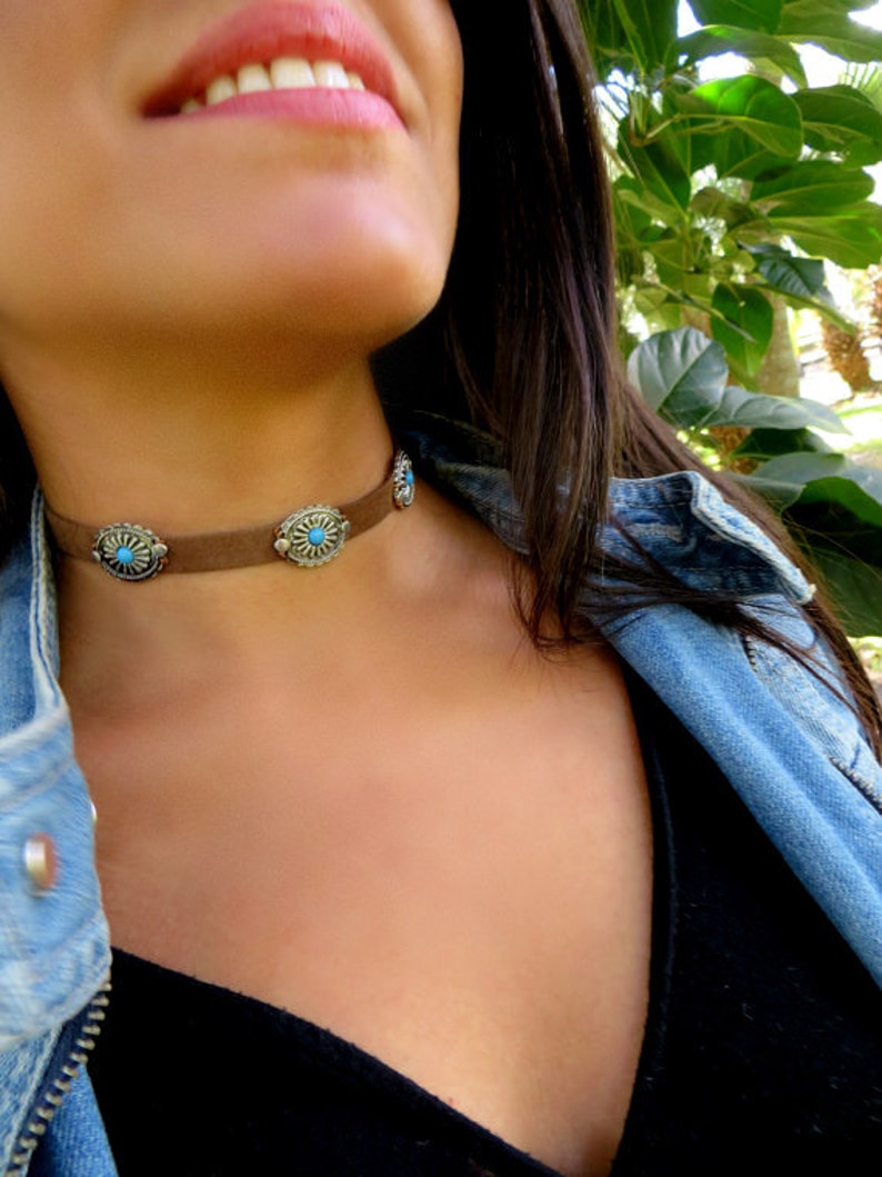 Choker Necklace, Suede Choker Necklace, Bohemian Choker, Fashion Trendy Jewelry, Suede Choker, Brown Turquoise Choker, Christmas Gift image 4