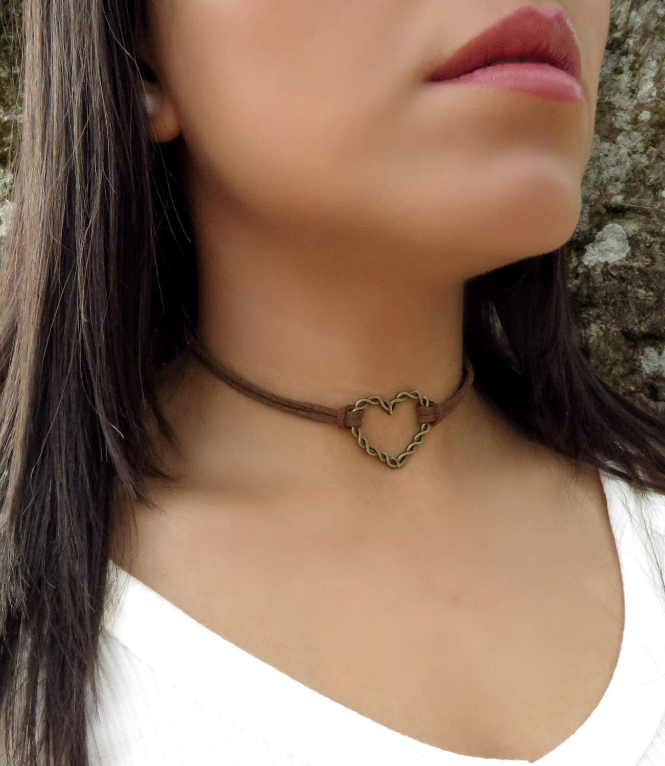 Heart Choker, Brown Choker, Dainty Boho Choker, Heart Necklace, Suede Leather Choker, Double Layering Choker, Choker Necklace, Gift For Her