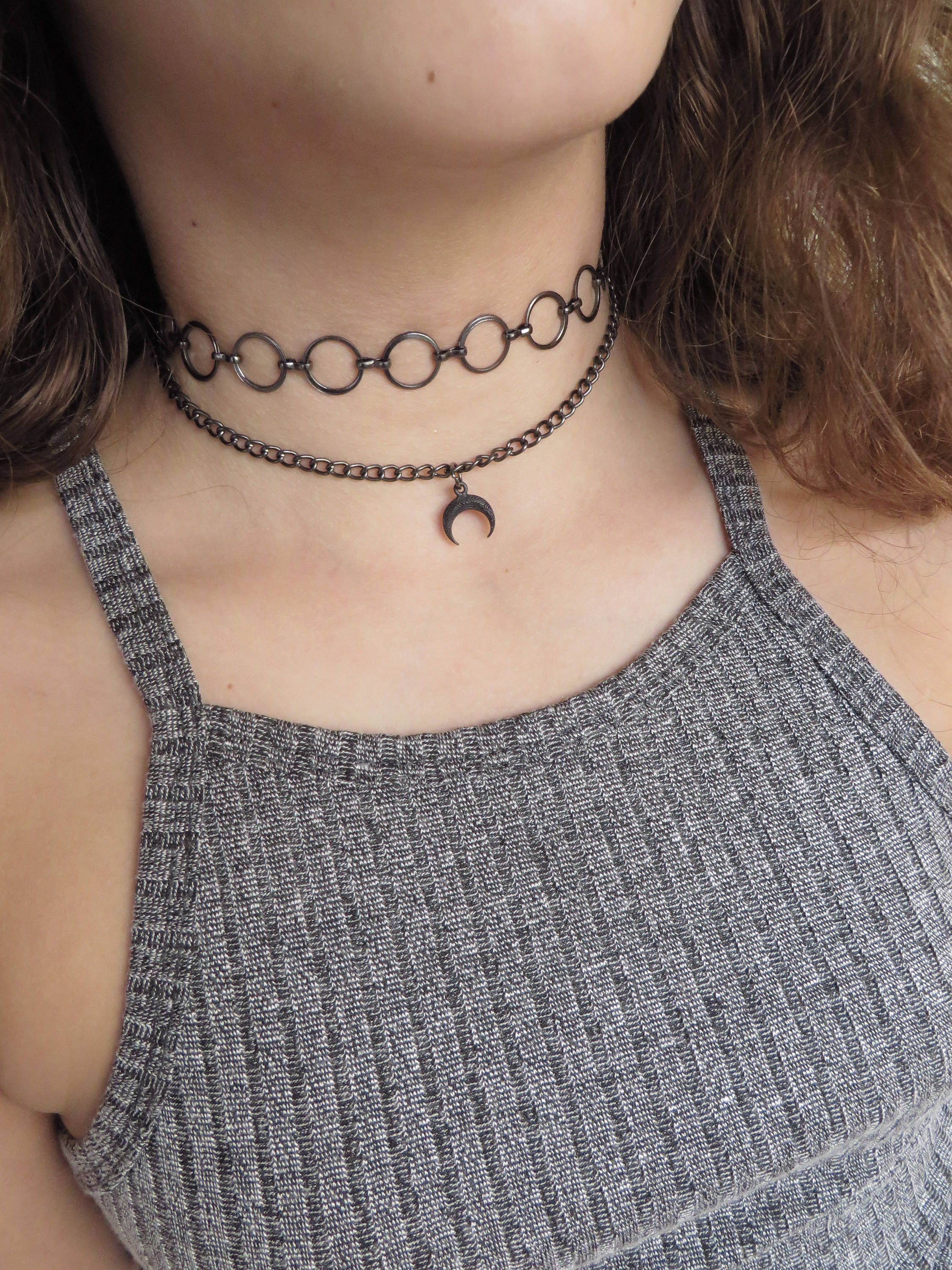 Crescent Moon Choker Necklace, Double Wrap Choker, Black