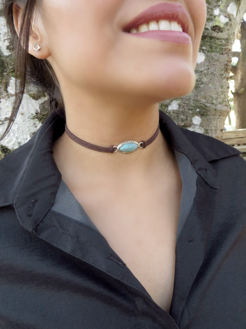 Choker Necklace, Suede Choker Necklace, Bohemian Turquoise Necklace, Native American Jewelry, Minimalist Leather Choker, Boho Jewelry image 3