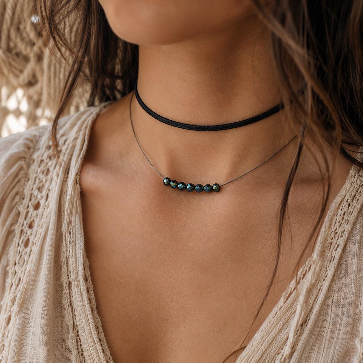 Double Wrap Choker, Black Choker Necklace, Silver Beaded Choker