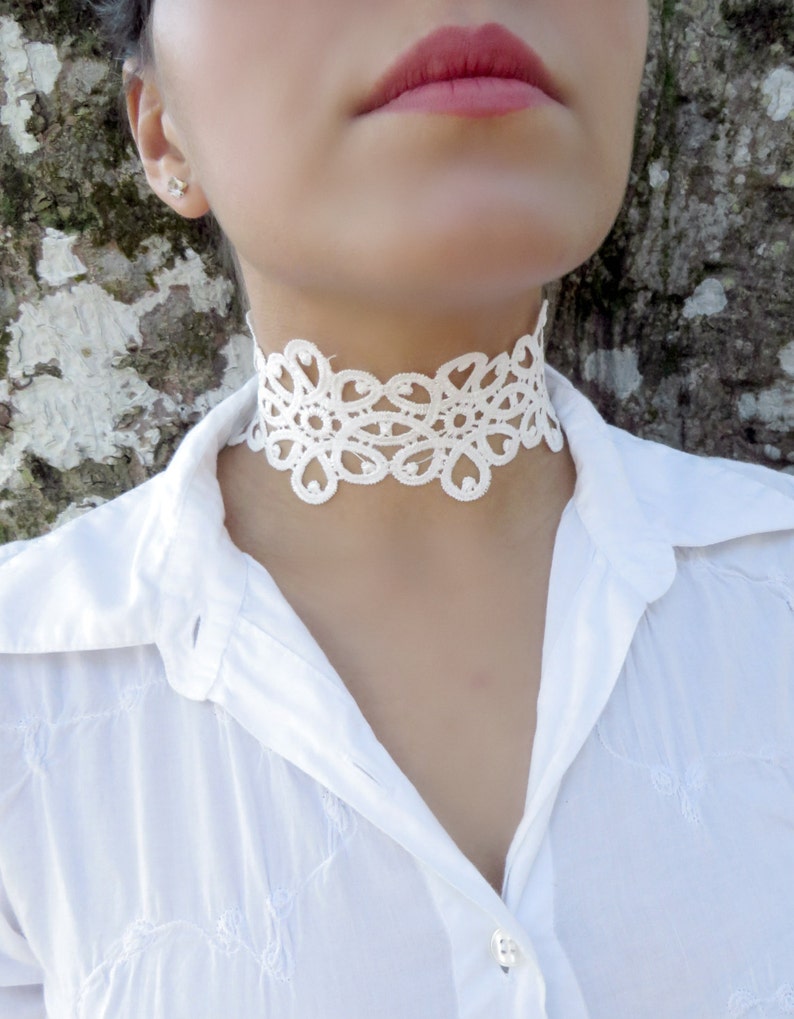 White Lace Choker Necklace Thick Patterned Lace Choker Etsy