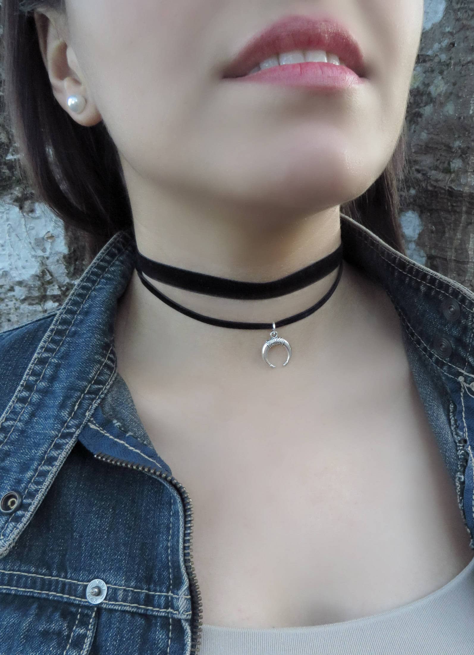 Crescent Moon Choker Necklace, Double Wrap Choker, Black Choker 