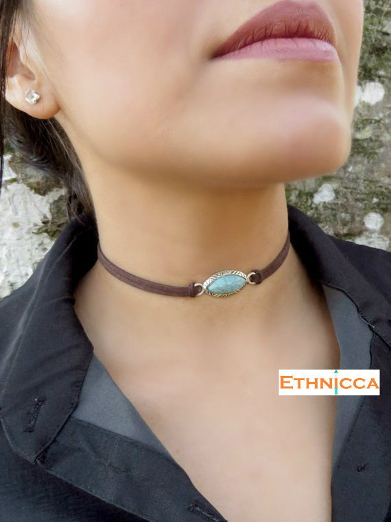 Choker Necklace, Suede Choker Necklace, Bohemian Turquoise Necklace, Native American Jewelry, Minimalist Leather Choker, Boho Jewelry image 1