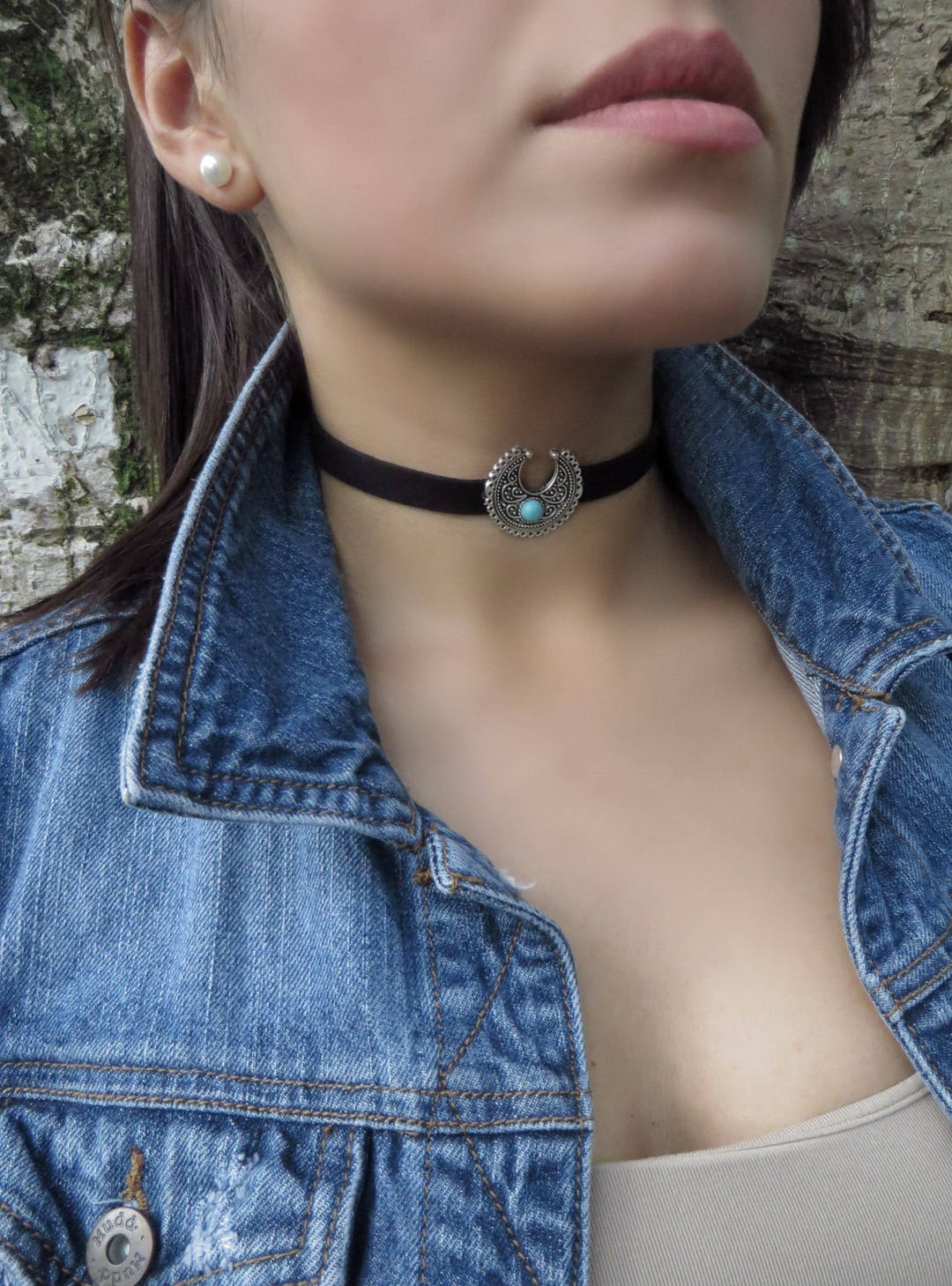 Black Boho Choker, Choker Necklace, Suede Choker, Half Moon Choker ...
