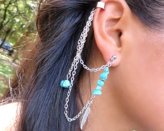 Silver Ear Cuff Earring, Turquoise Bohemian Cuff Earring, Ear Cuffs, Ethnic Boho Ear Cuff Earring, Stud Ear Cuff Earring, Bohemian Jewelry