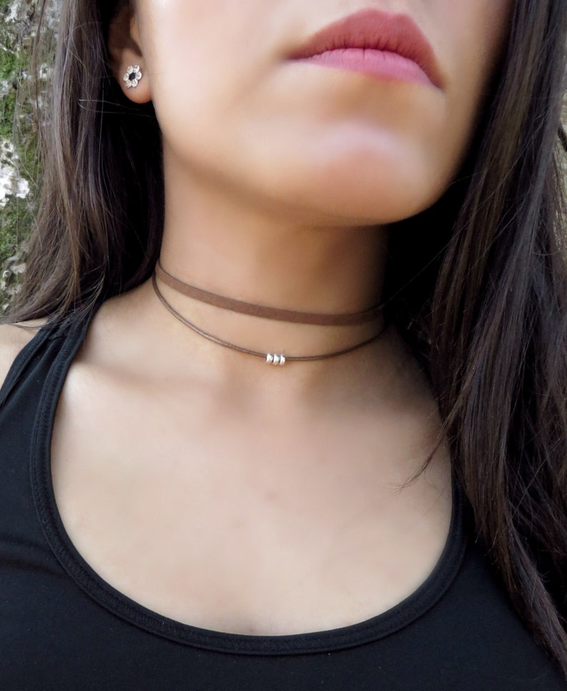 Double Wrap Choker, Brown Choker Necklace, Silver Bead Dainty Choker, Double layer Choker, Leather Choker,Delicate Double Layering Choker image 4