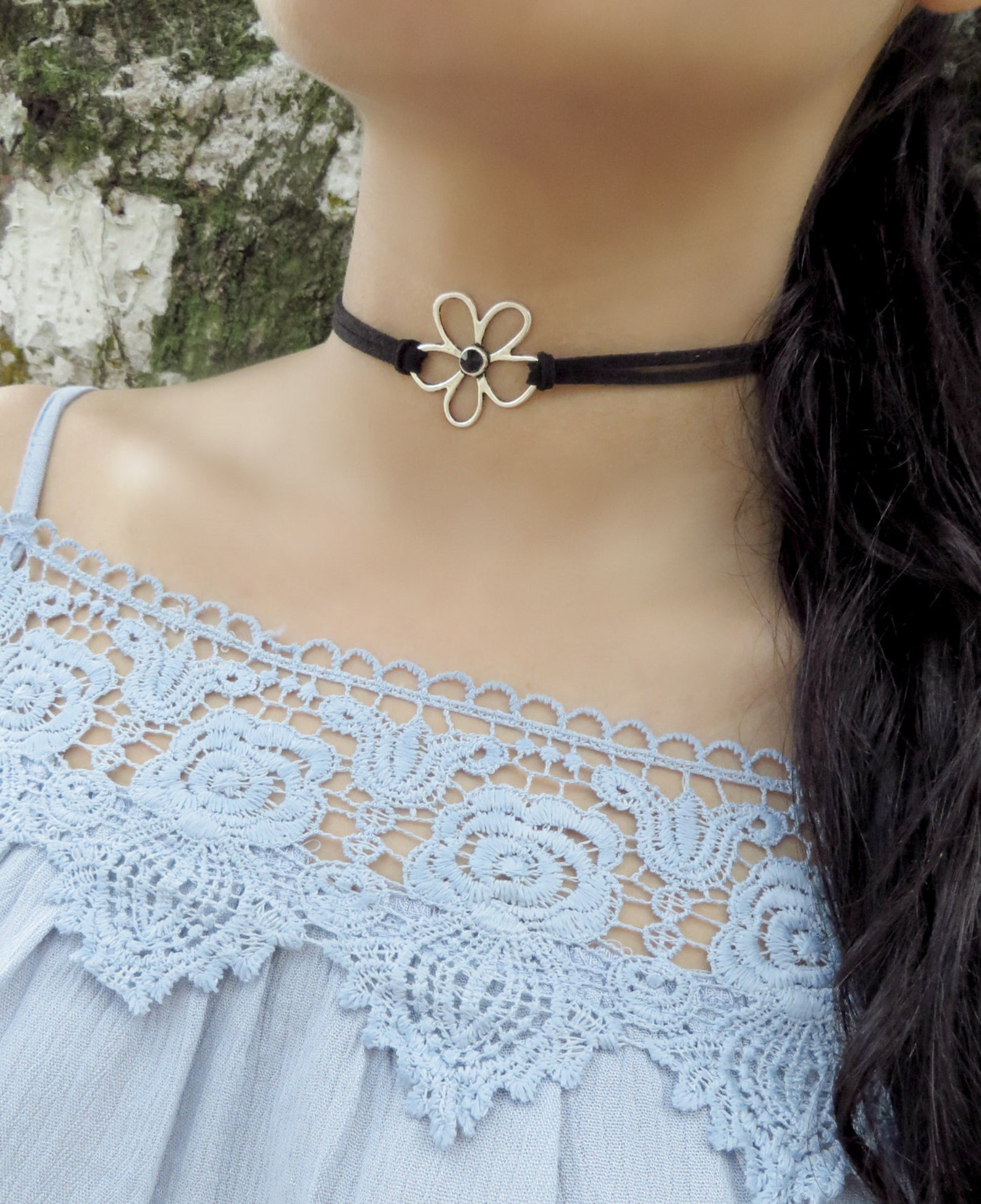 Thin Leather Choker Flower Suede Choker Black Choker | Etsy