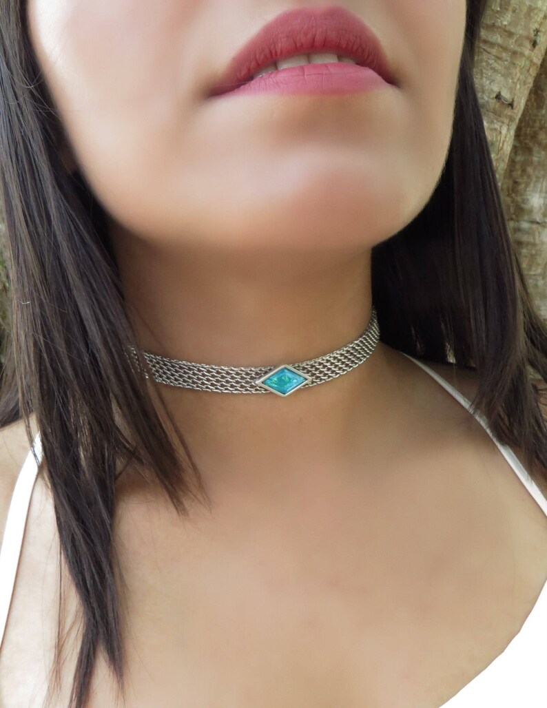 Statement Choker Necklace Turquoise Boho Choker Mesh Silver Choker Metal Choker Necklace Dainty Choker Fashion Jewelry Bohemian Choker