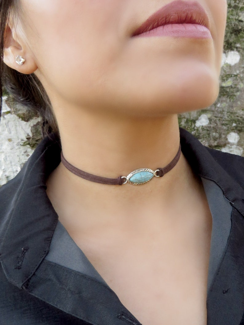 Choker Necklace, Suede Choker Necklace, Bohemian Turquoise Necklace, Native American Jewelry, Minimalist Leather Choker, Boho Jewelry image 2