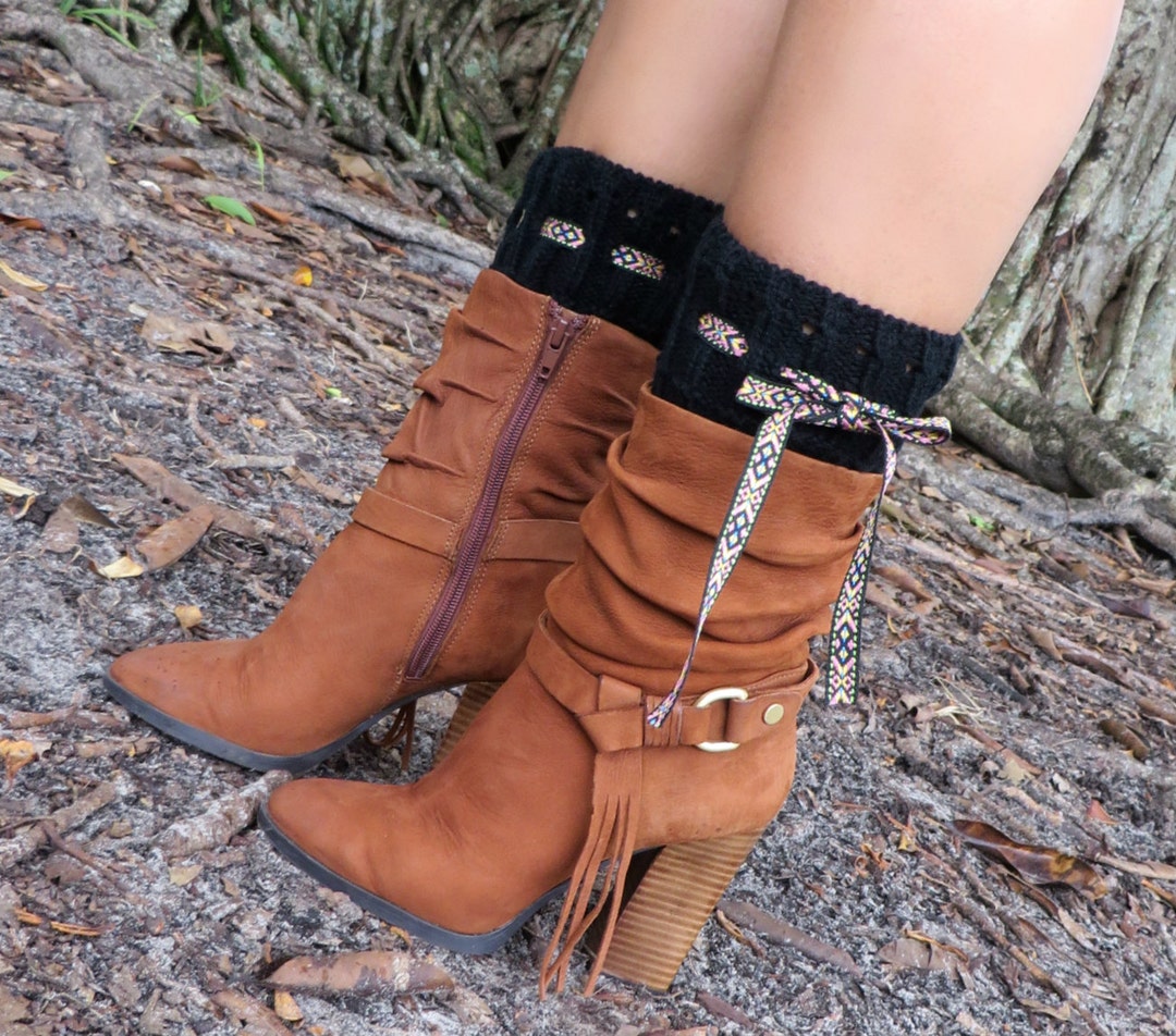 Black Leg Warmer, Knitted Leg Warmers, Bohemian Boot Cuffs, Boots Socks