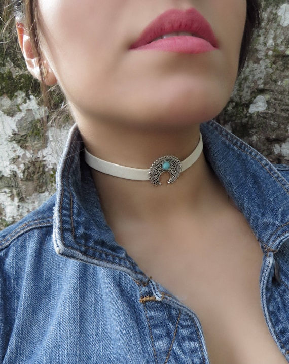 Boho Turquoise Choker Bohemian Necklace Suede Choker Half Etsy