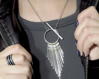Tassel Necklace, Fringe Necklace, Boho Necklace, Silver Bar Necklace, Geometric Ring Necklace, Circle Tassel Necklace, Layering Necklace
