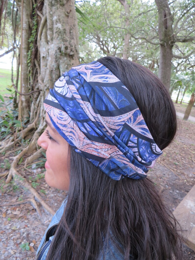 Yoga Headband, Wide Headband, Running Headband, Fitness Headband, Women Hippie Headband, Bohemian Turban, Wide Head Wrap ,Blue Boho Headband image 2