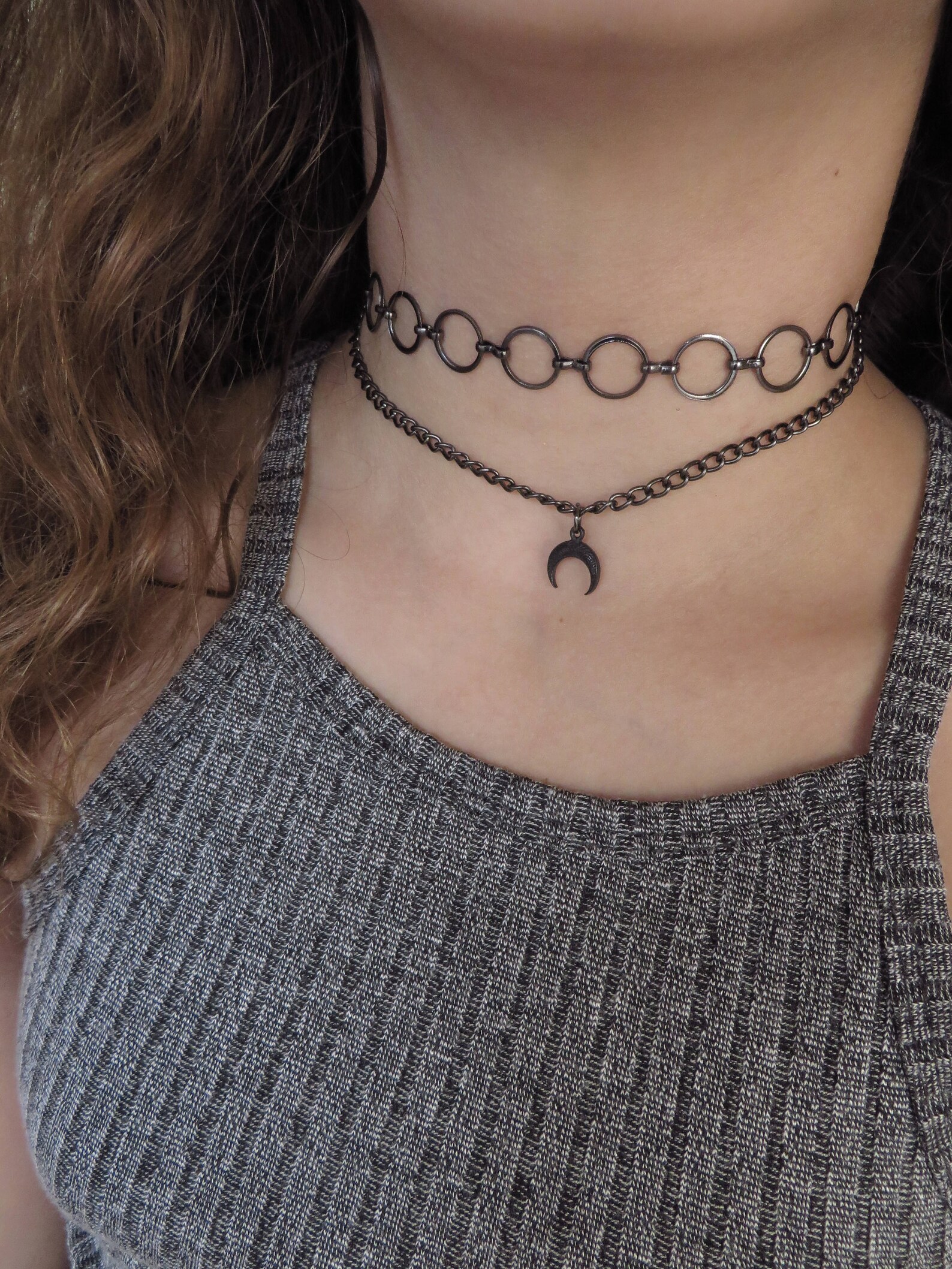 Crescent Moon Choker Necklace, Double Wrap Choker, Black Tattoo Choker ...