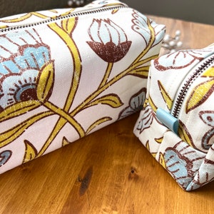 Floral Cotton Canvas Travel Makeup Bag: Boxy Cosmetic Bag