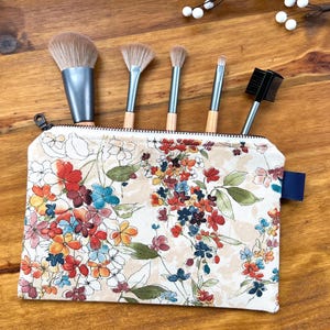 Floral Cotton Canvas Zipper Pouch: Handmade Travel Makeup Bag