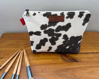 Cow print makeup bag, Canvas makeup bag, Cosmetic bag, Toiletries bag, travel accessories bag, makeup pouch, western makeup bag