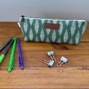 Pencil Pouches: Travel Makeup Brush Case / Canvas pouches , small zipper pouches Green & Cream Leaf