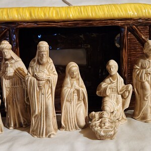 9 Pc. Ceramic Nativity Scene Glazed in Mocha Cream with Manger