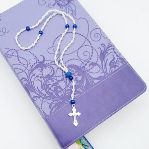 Susan, Catholic Rosary Necklace  – Elegant White and Blue Beaded Rosary with Silver Cross, Perfect Religious Gift for Devotion and Prayer