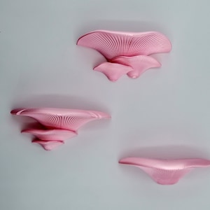 May include: Three pink ceramic mushroom-shaped wall shelves. The shelves are stacked on top of each other, with the largest shelf at the bottom and the smallest shelf at the top.