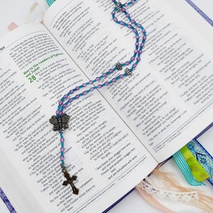 Wendy: Catholic Rosary Necklace with Butterfly Beads, Bronze Crucifix, and Blue & Pink Accents - Confirmation Gift