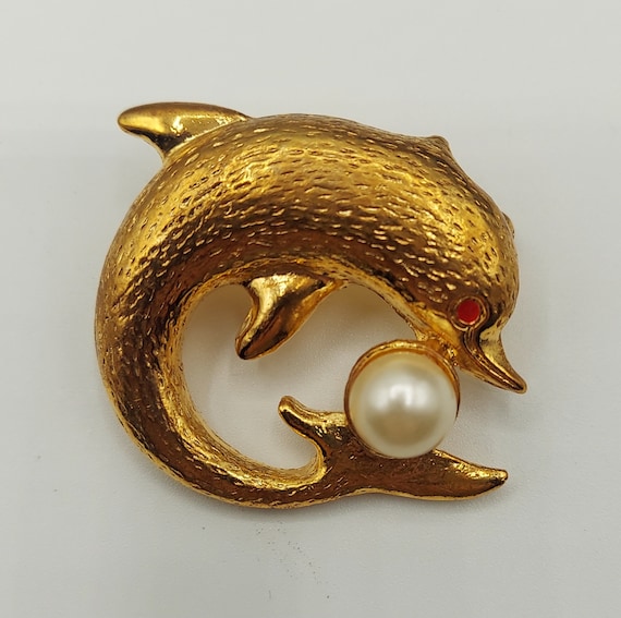 Dolphin Broach, gold plated Dolphin Broach with f… - image 1