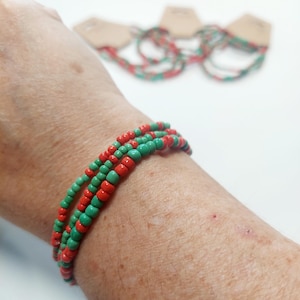 Traditional Red and Green Christmas Beaded Bracelet Set (3), Green and Clear Sparkly Set (5), Bright Red and Green Glass Beaded Bracelet Set