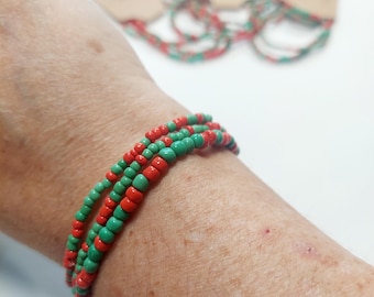 Christmas Beaded Bracelet Set: Red, Green, and Clear Glass