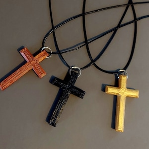 Wooden Cross Necklaces, 3D Printed Cross Necklaces, Gift for Him, Bronze, Black or Gold Cross Necklace