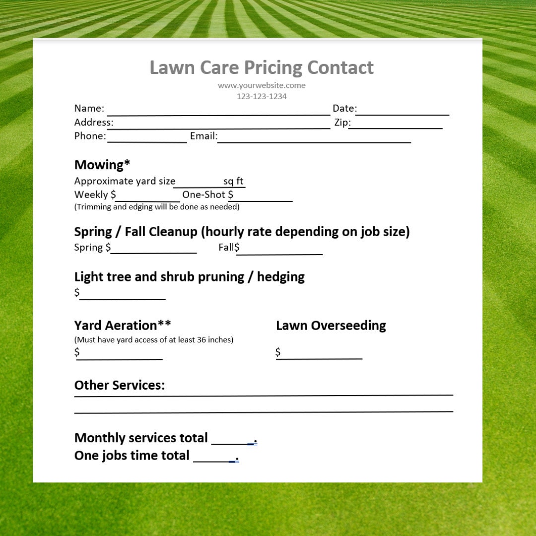 Lawn Care Mowing Pricing Sheet Bid Etsy