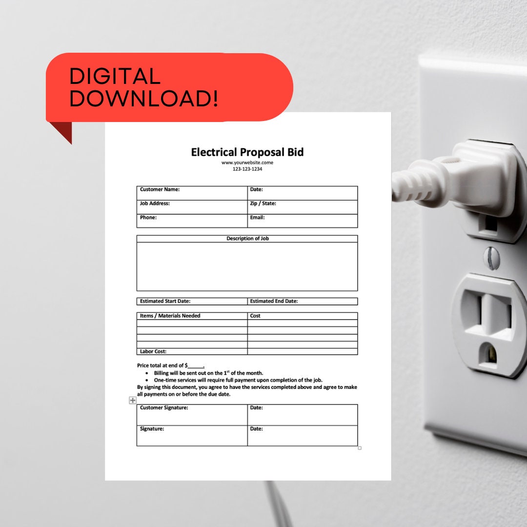 Electrical Bid Sheet Digital Download proposal estimate agreement Electrical Bid Sheet Digital Download proposal estimate agreement