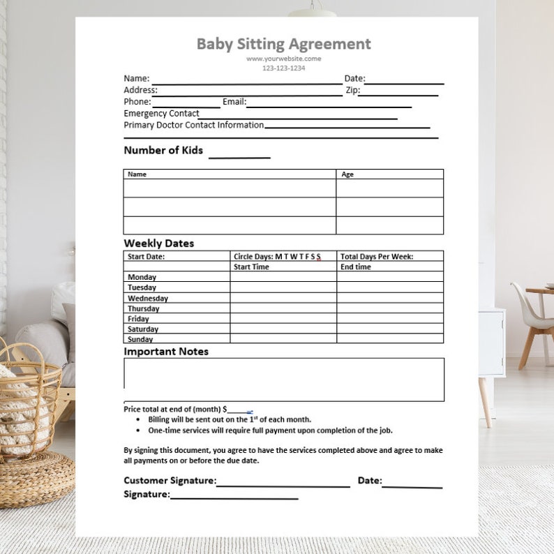 Baby Sitting Agreement Simple Babysitting Scheduling Form Editable Baby Sitting Agreement Simple Babysitting Scheduling Form Editable
