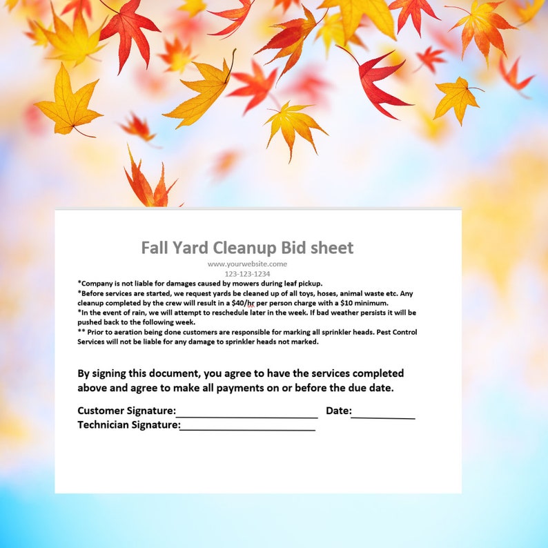 Fall/ Autumn Leaf Clean up Pricing Sheet Fall Yard Cleanup Bid Sheet