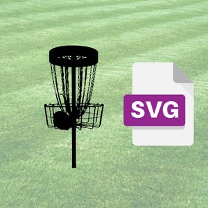May include: Black silhouette of a disc golf basket with a disc inside. The image is next to a white document icon with the word "SVG" in purple.