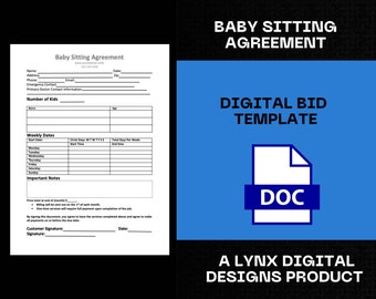 Baby Sitting Agreement | Simple Babysitting Scheduling Form | Editable Babysitting Contract Template | Babysitting Digital Contract Sheet