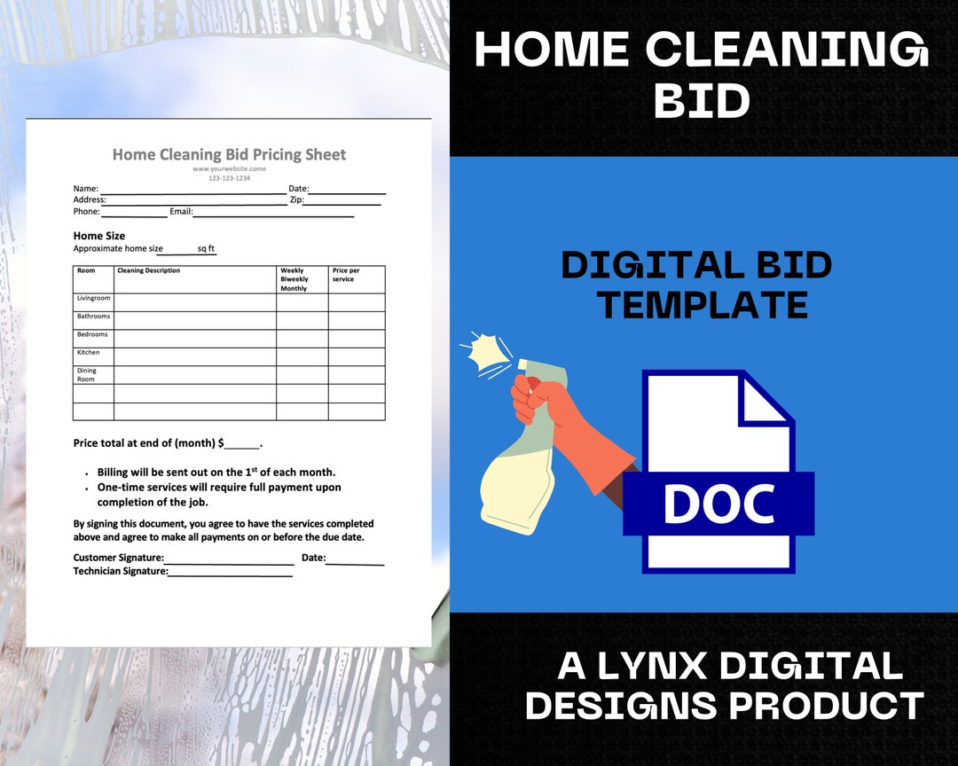 Home Cleaning Bid Pricing Sheet proposal estimate agreement template