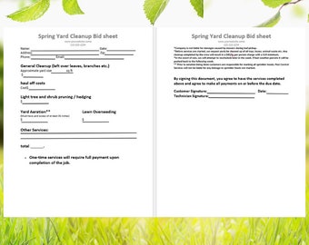 Spring Yard Cleanup Bid Sheet | 4 Piece Landscape Bid Sheet | Bid Proposal Form | Cleaning Bid Sheet Word Template | Snow Removal Bid Sheet